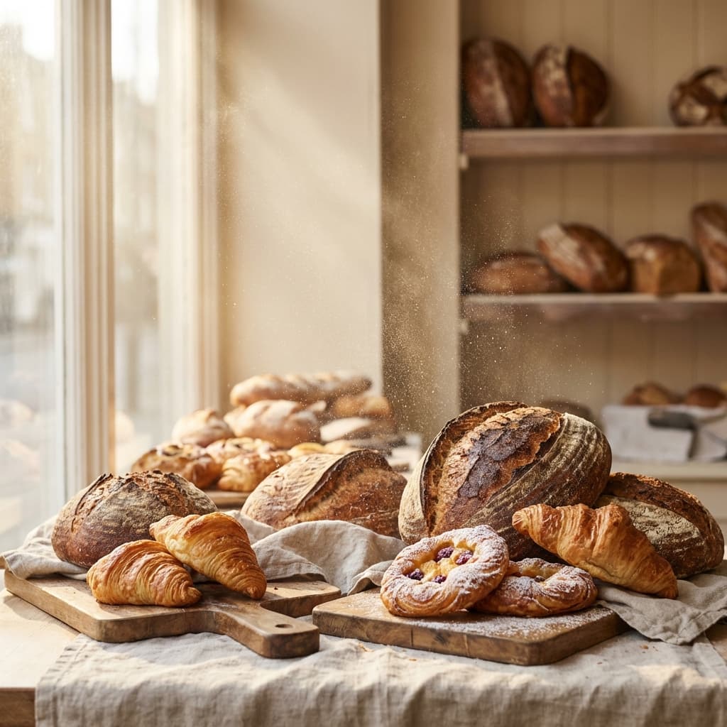 Fresh artisan breads and pastries at The Rustic Oven